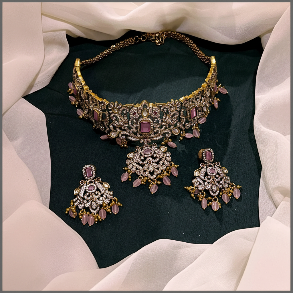 Beautiful Pink Chokar Necklace in Victorian - VN00151