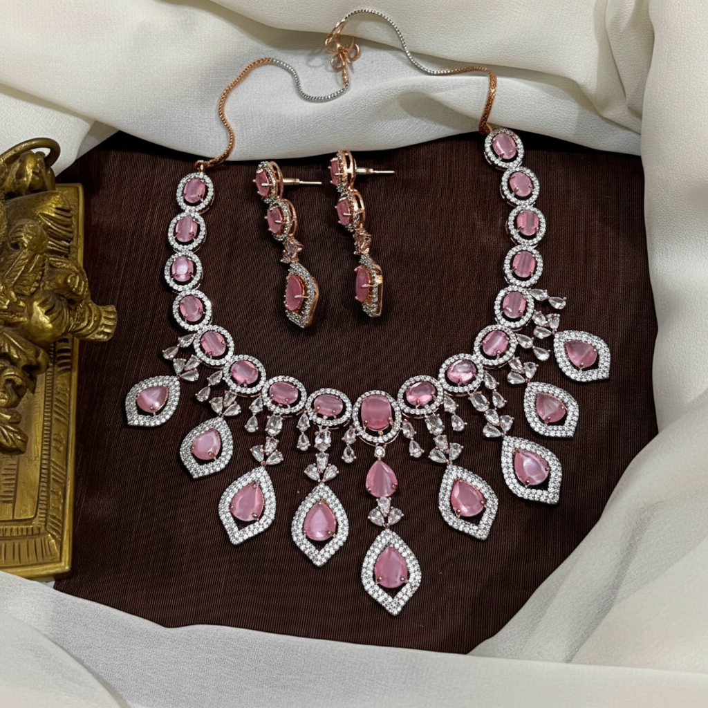 Pink Stone Diamond Necklace Drop Downs - DN0013