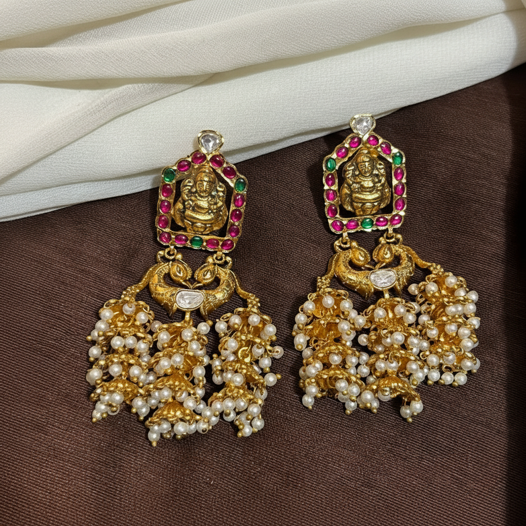 Jadau Stone Lakshmi 3 jhumki traditional earrings - KE002