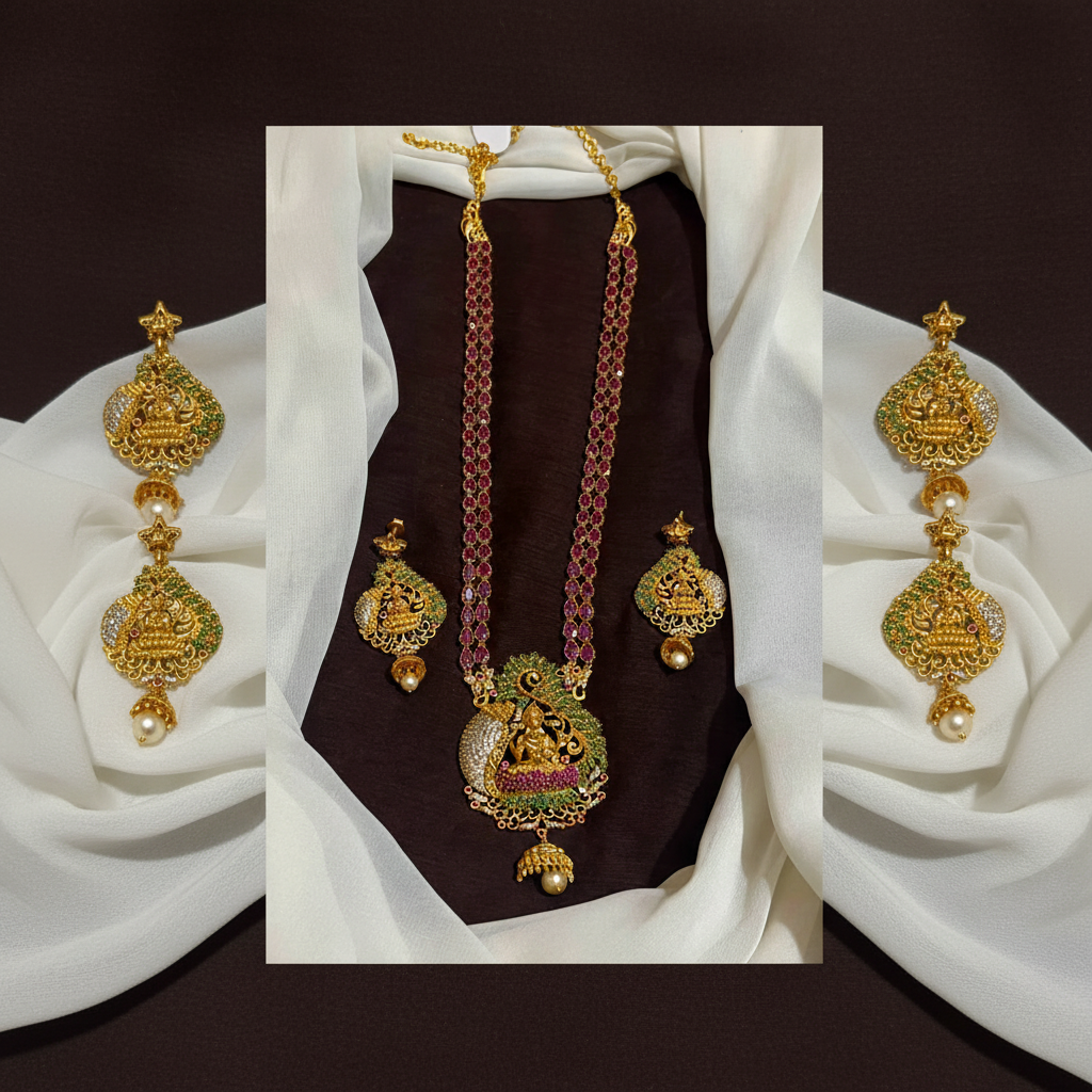 Ruby Stone Gold Polish Long Haram With Earrings - NH00502
