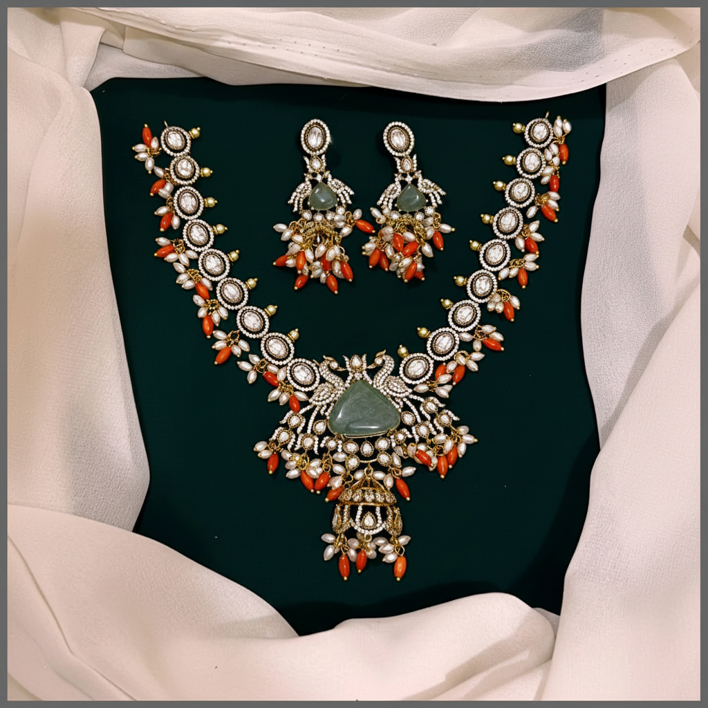 Beautiful  White Stone with Rice Pearl Victorian Necklace - VN00118