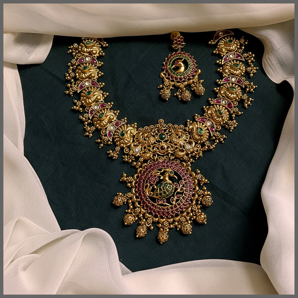 Antique Peacock Pendant with Peacock Necklace in Nakshi - NN00638