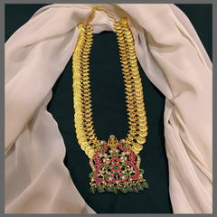 Cute Lakshmi and Peacock Pendant with Kassu Haram in Kundan - KH00328
