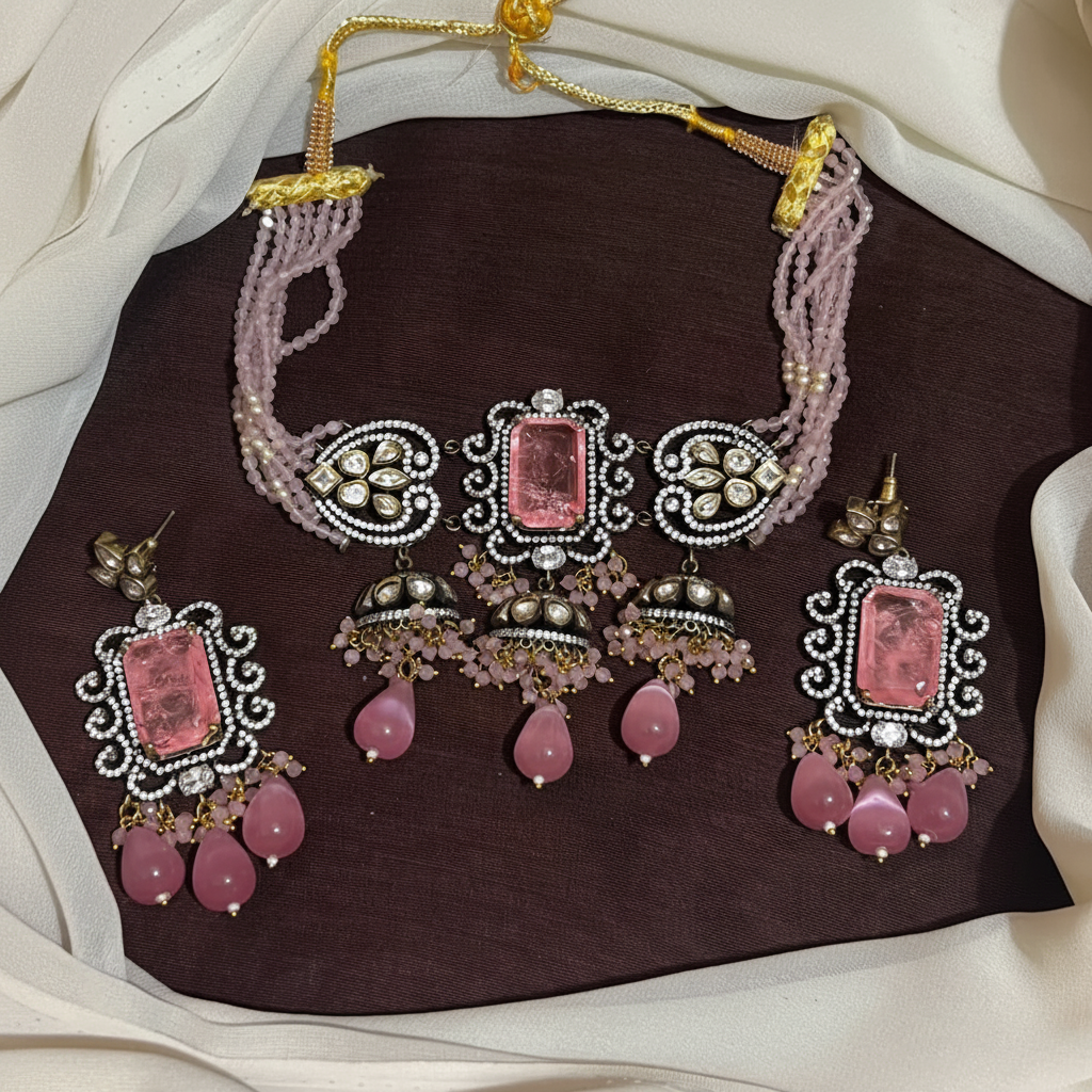 Baby Pink beads Mozonite Set With Earrings - PB00621