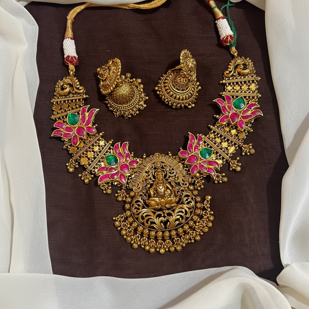 Dark Gheru Polish Lakshmi Necklace With Jadau Pendants and Packings - KN00678