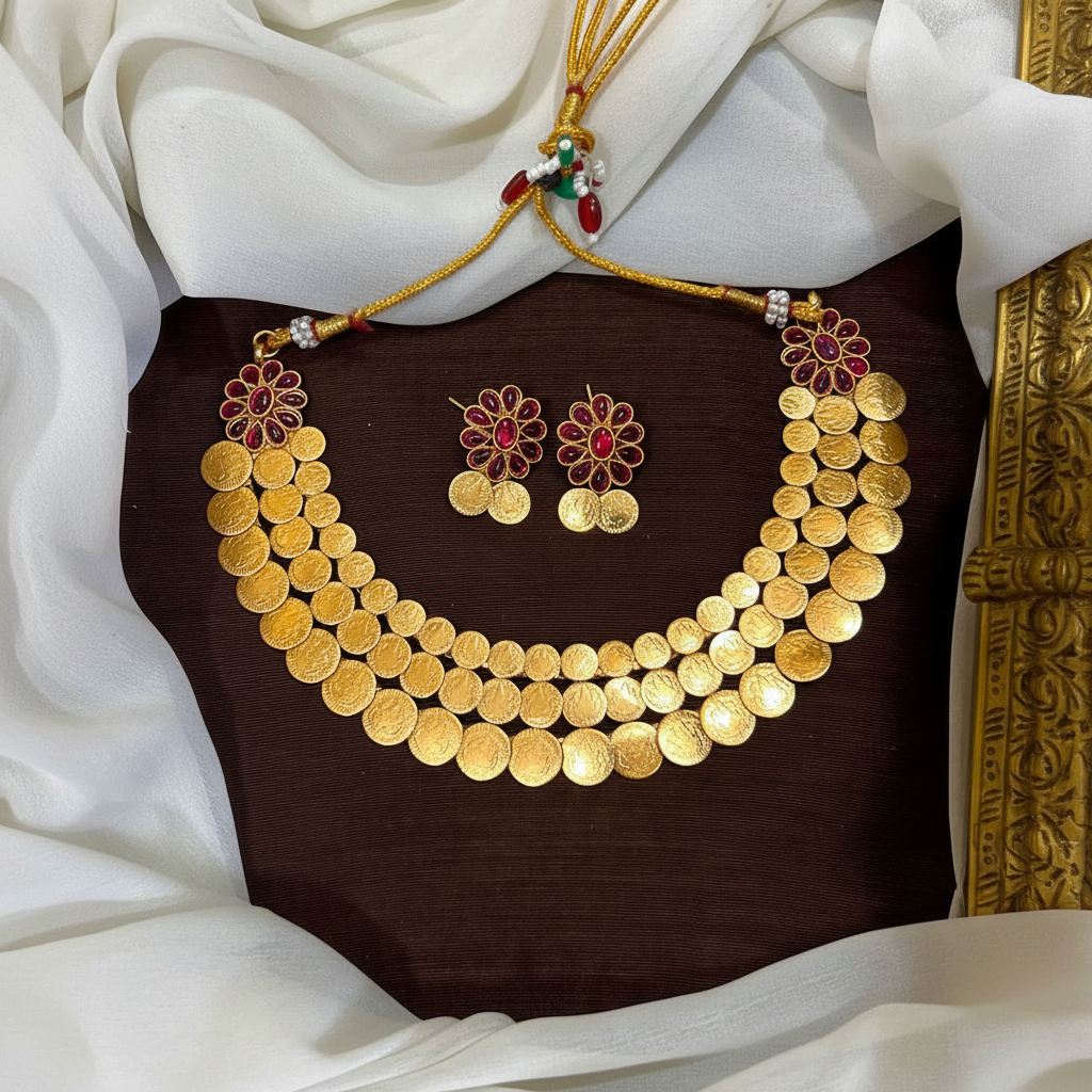 Double Step Kaasu Necklace with Kempu Stone - NN0020