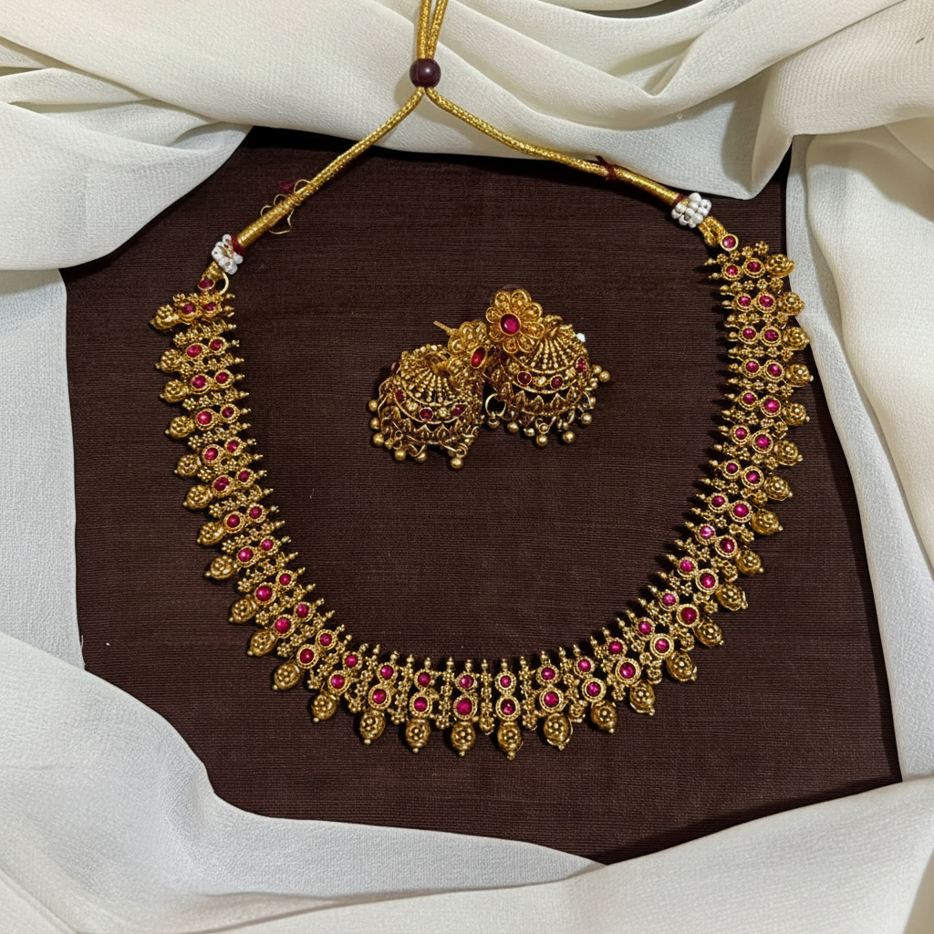 Nakshi Traditional Necklace with Kempu Stones - NN00958