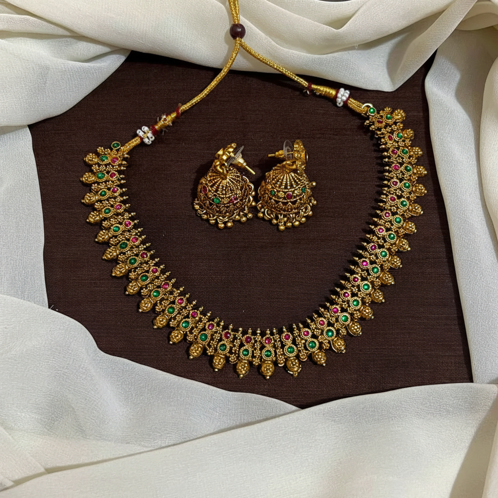 Nakshi Traditional Necklace with Kempu Stones - NN00958