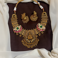 Dark Gheru Polish Lakshmi Necklace With Jadau Pendants and Packings - KN00678