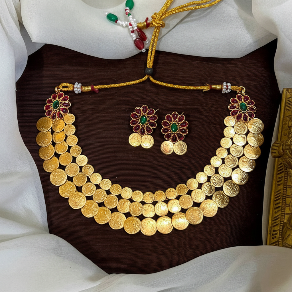 Double Step Kaasu Necklace with Kempu Stone - NN0020