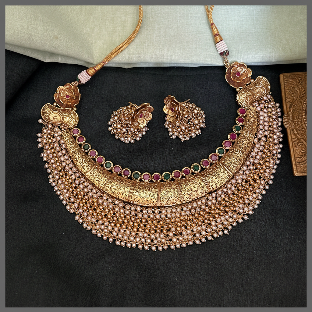 Antic Kante Pearl Multi Stone Necklace in Nakshi - NN00837