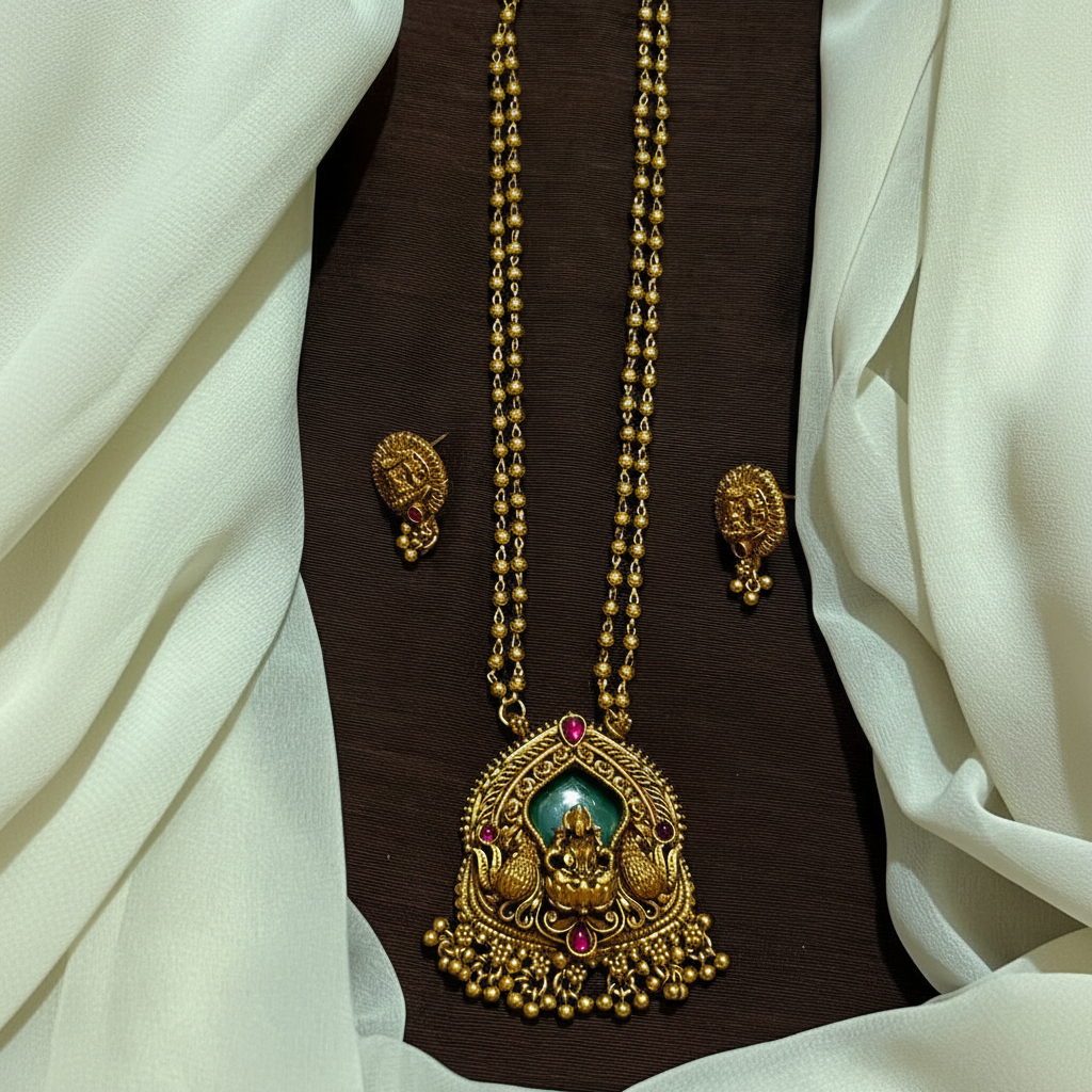 Round Small Ball Chain WIth Lakshmi Pendant in Green Stone - NH00495