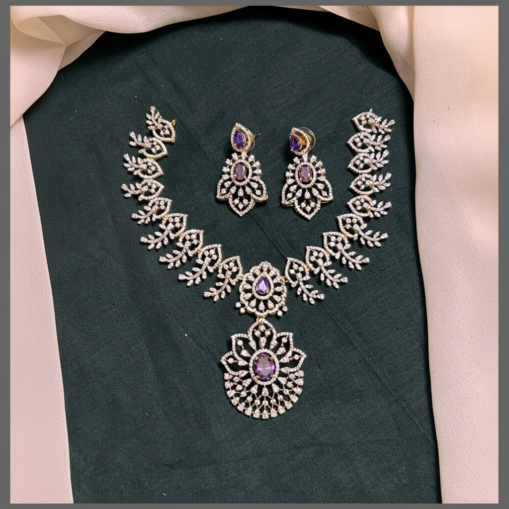 Beautiful Rich  Leaf Design White Stone with Purple Stone Necklace in Diamond - DN0057