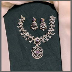 Beautiful Rich  Leaf Design White Stone with Purple Stone Necklace in Diamond - DN0057