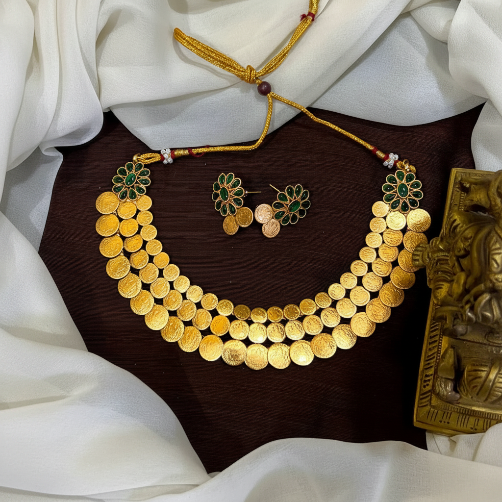 Double Step Kaasu Necklace with Kempu Stone - NN0020