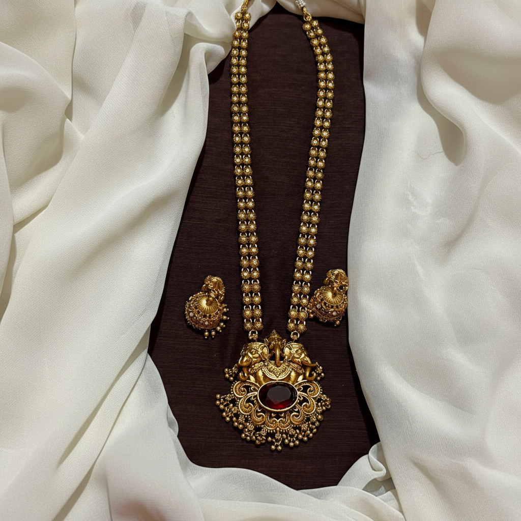 Antique Finish Ganesha Pendant long chain With Jhumkis - NH00206