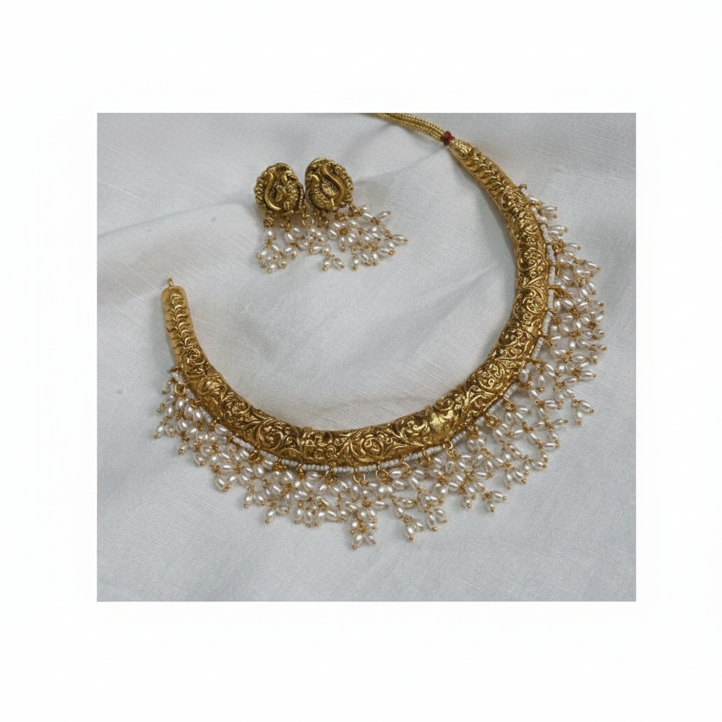 Antic Kante with Rice Pearl Nakshi Necklace with Earring - NN0099