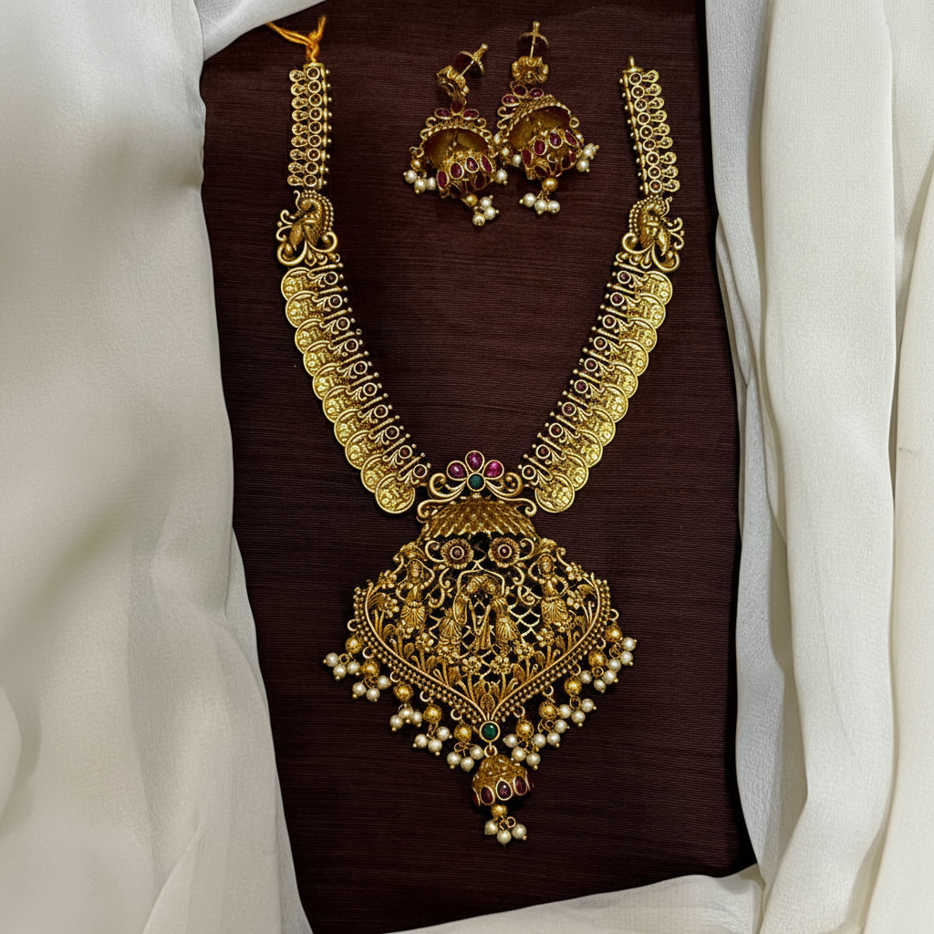 Radha Krishna Naskhi Necklace With Jhumki - NN00952