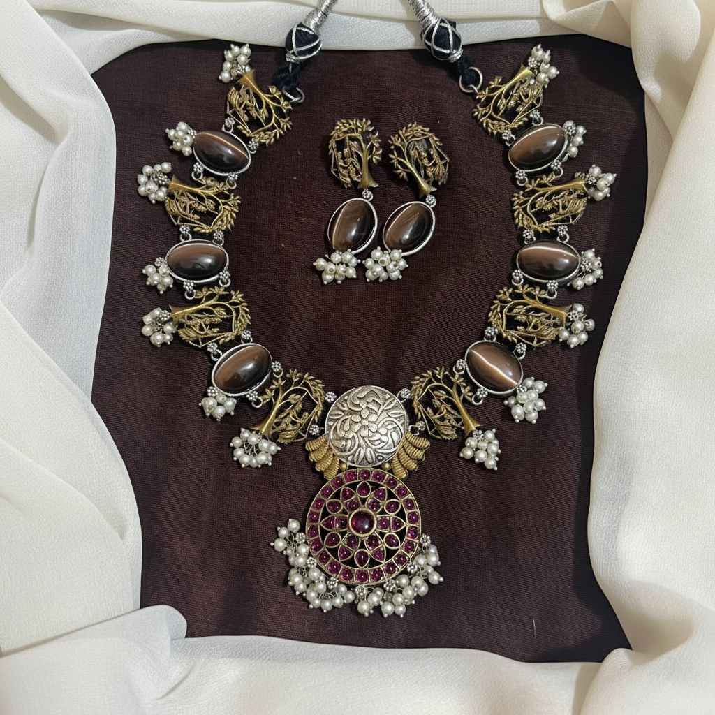 German Silver Nakshi necklace With Kempu Pendant and earrings - NN00989