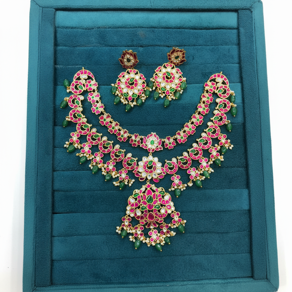 Double Layer Jadau necklace With Screw Back Earrings - Kn00652