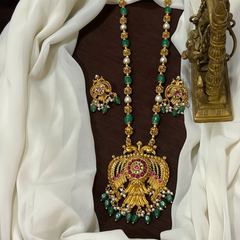 Emerald Beads And Pearl Haram With Gandaberunda Pendant - PB00591