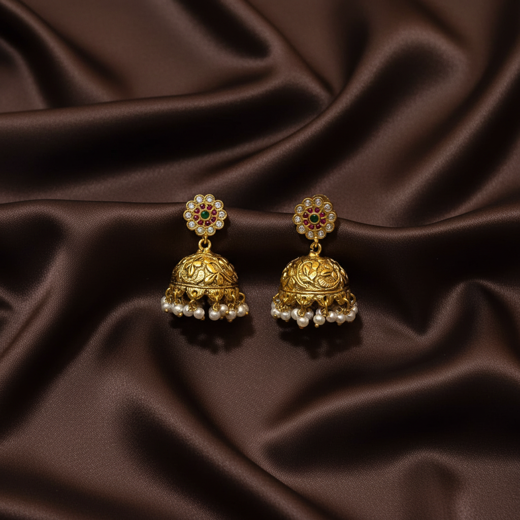 White Flowed Jadau Jhumki - KE00595