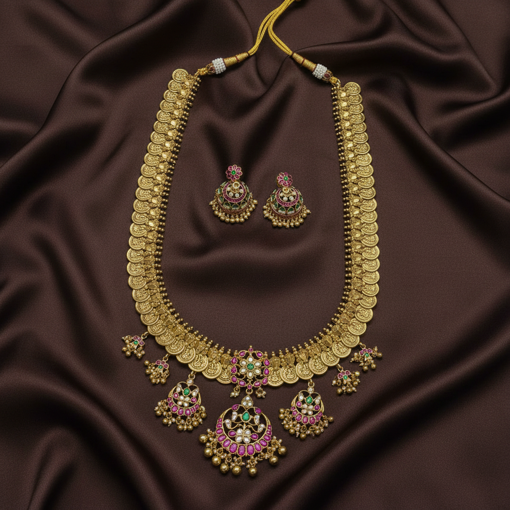 Jadau Kaasu Long Haram With Jhumkis - KH00401