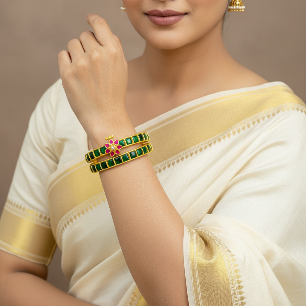 Jadau Screw Openable Single Line Bangle With Flower - BG00650