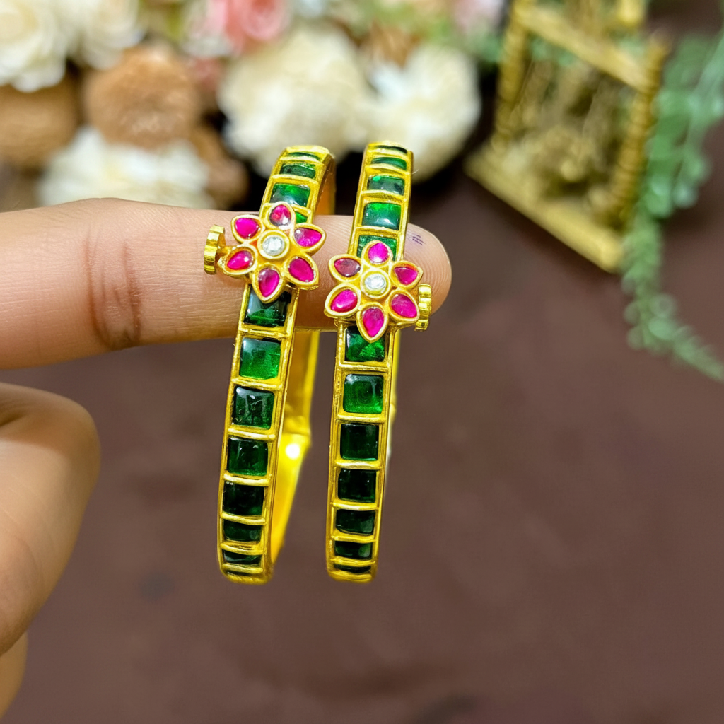 Jadau Screw Openable Single Line Bangle With Flower - BG00650